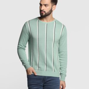 Crew Neck Dusty Green Striped Sweater - Vero